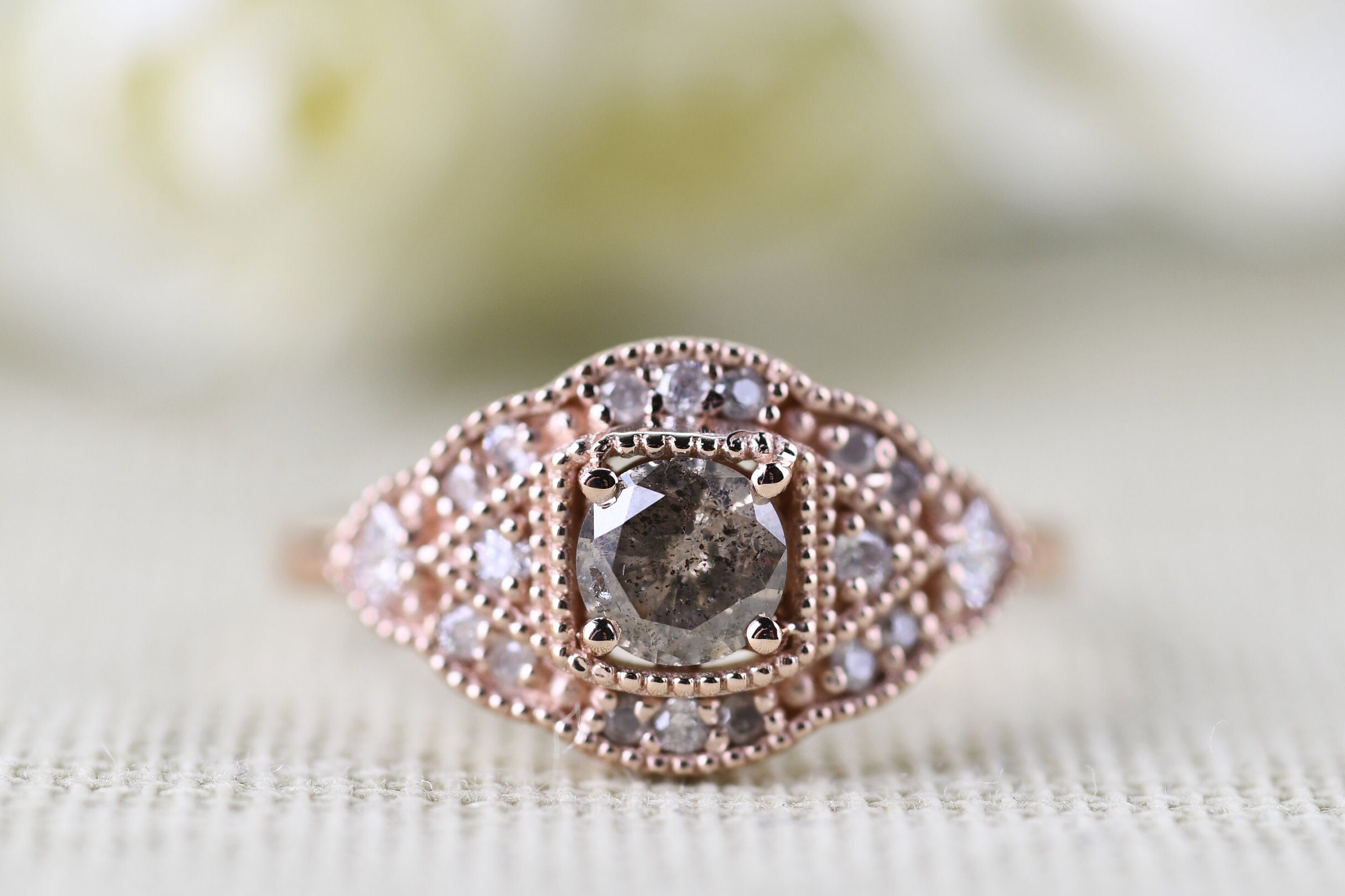 Antique Style Cognac Diamond Engagement Ring solid 14k rose gold white diamond halo ring
