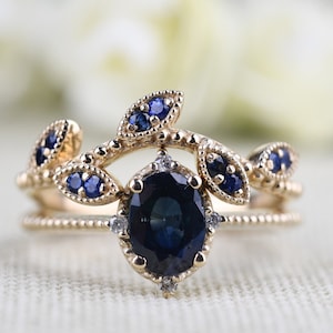 Blue Sapphire Vintage Engagement Ring Oval Sapphire ,white Diamond , Solid 14k Yellow Gold Bridal Set image 1