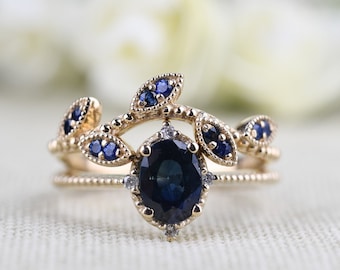 Blue Sapphire Vintage Engagement Ring Oval Sapphire ,white Diamond , Solid 14k Yellow Gold Bridal Set