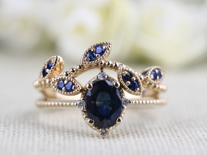 Blue Sapphire Vintage Engagement Ring Oval Sapphire ,white Diamond , Solid 14k Yellow Gold Bridal Set image 1