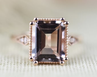 3 ct Emerald cut  Morganite Solid 14k Rose Gold Vintage Engagement Ring