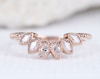 Marquise White Diamond Peacock Style Wedding Band 14k Solid Rose gold Ring