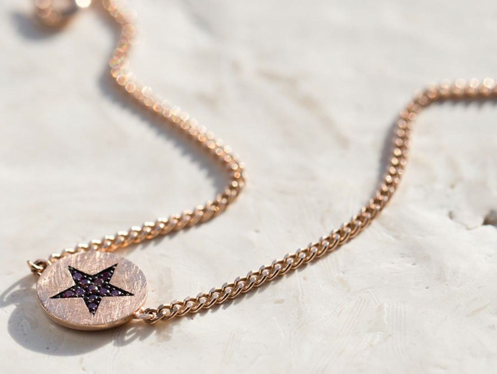 Purple Diamond star Gold Coin Solid 14k Rose Gold Daily Bracelet