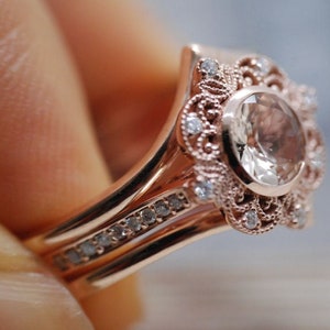 Stunning Floral morganite engagement ring and jacket wedding band  Diamond rose gold wedding set