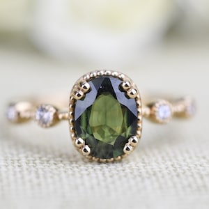 Olive Green Sapphire Vintage  Engagement Ring. Solid 14k Yellow Gold White Diamond Ring