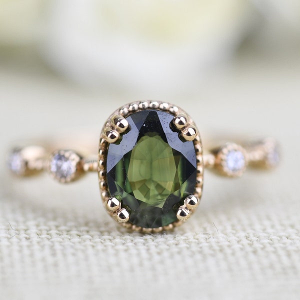 Olive Green Sapphire Vintage  Engagement Ring. Solid 14k Yellow Gold White Diamond Ring