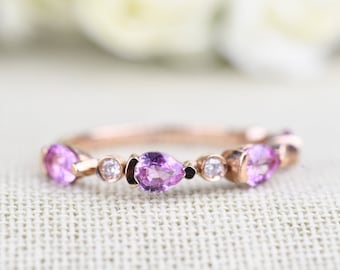 Art Deco style,Lovely pear shape pink sapphire ring white diamond solid 14k rose gold ring