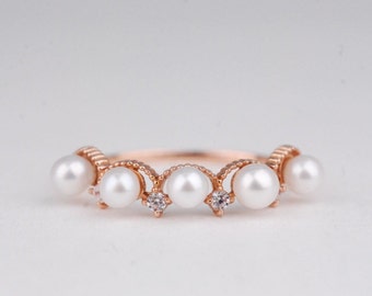 Lovely fresh pearls wedding band white diamond stockable 14K Solid  rose gold ring