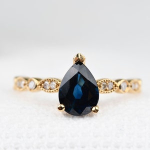 1 CT Dark Blue Sapphire Pear Shape Engagement Ring Art Deco Style Diamond 14k Yellow Gold Ring