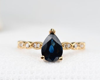 1 CT Dark Blue Sapphire Pear Shape Engagement Ring Art Deco Style Diamond 14k Yellow Gold Ring