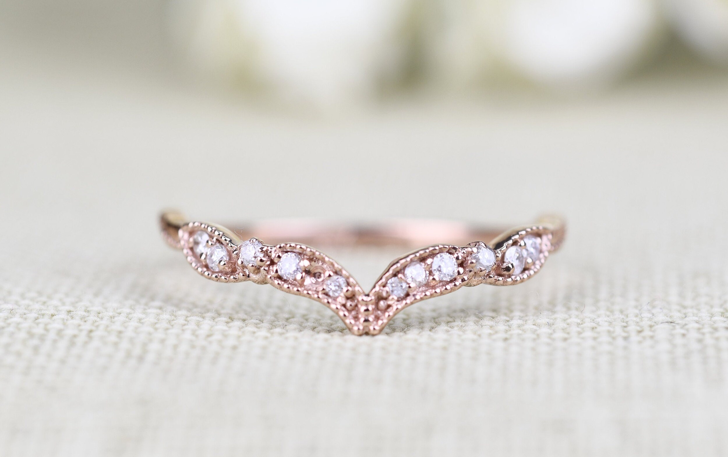 Floral Milgrain Wedding Band , White Diamond Vintage Wedding ring