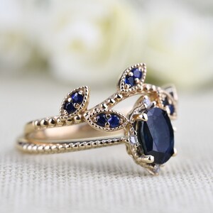 Blue Sapphire Vintage Engagement Ring Oval Sapphire ,white Diamond , Solid 14k Yellow Gold Bridal Set image 4