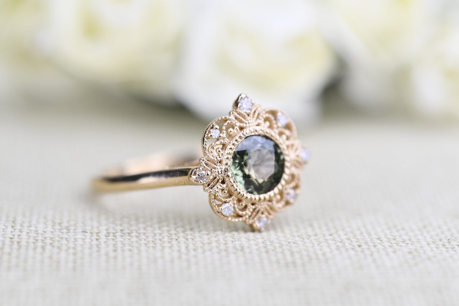 Stunning Green Sapphire Floral Engagement Ring White Diamond Etsy