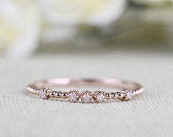 Vintage White  diamond Ring, Daily Solid  14k Rose Yellow gold Wedding Band
