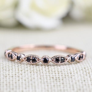 Art Deco mil grained   Black  Diamond Wedding Band, 10k, 14k Rose,Yellow  and white Solid Gold Ring