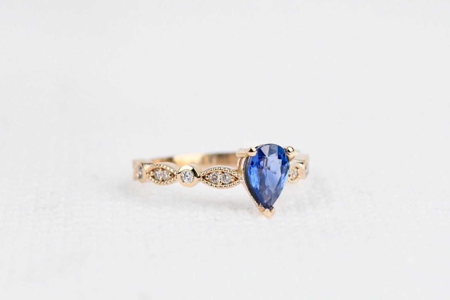 Blue Sapphire Pear Shape Engagement Ring Art Deco Style | Etsy
