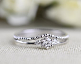 Natural white diamond  solid 14k rose gold engagement ring V shaped mill-grain wedding band Bridal Set