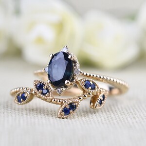 Blue Sapphire Vintage Engagement Ring Oval Sapphire ,white Diamond , Solid 14k Yellow Gold Bridal Set image 6