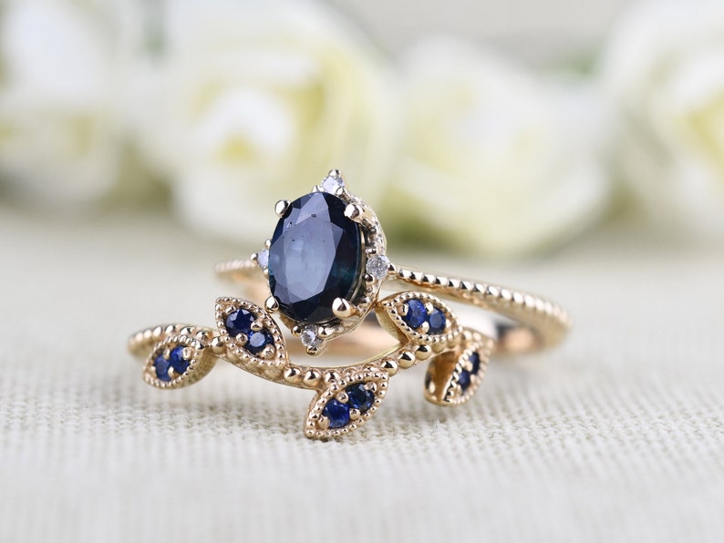 Blue Sapphire Vintage Engagement Ring Oval Sapphire ,white Diamond , Solid 14k Yellow Gold Bridal Set image 6