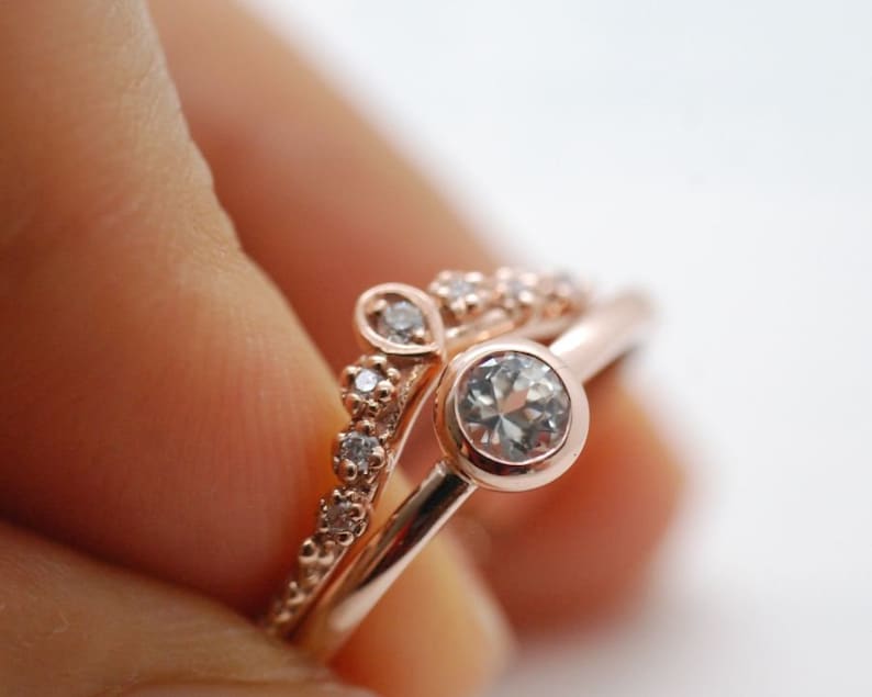 Bezel set White Sapphire ring Round natural Sapphire yellow gold rose gold engagement ring