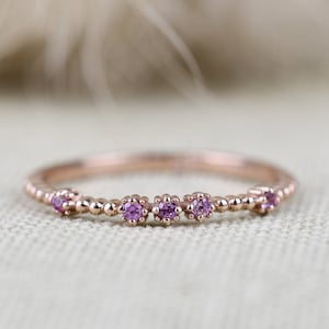 Pink Sapphire Vintage Dainty Floral  Band Solid 14k Rose Gold Ring