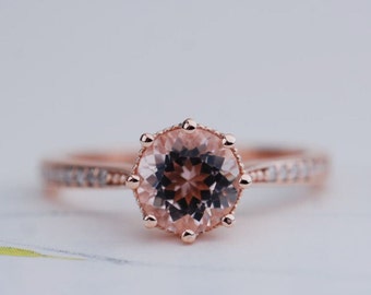 Classical Beauty 7mm Round pink Morganite Engagement ring rose gold  white diamond shank ring