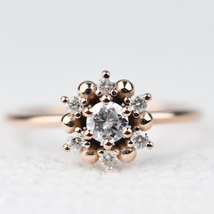 Floral Blossom White Diamond  Engagement Ring 14k Solid Rose, Yellow and   White gold ring