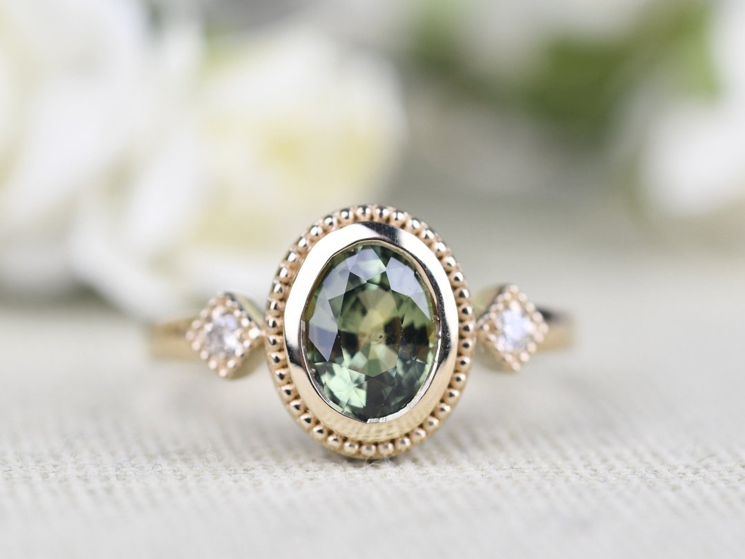Art Deco Green Sapphire Engagement Ring, 14k Solid Yellow Gold White ...
