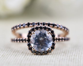 7mm Round Aquamarine & Black Diamond Halo Engagement Ring Solid 14k Rose Gold Vintage Ring
