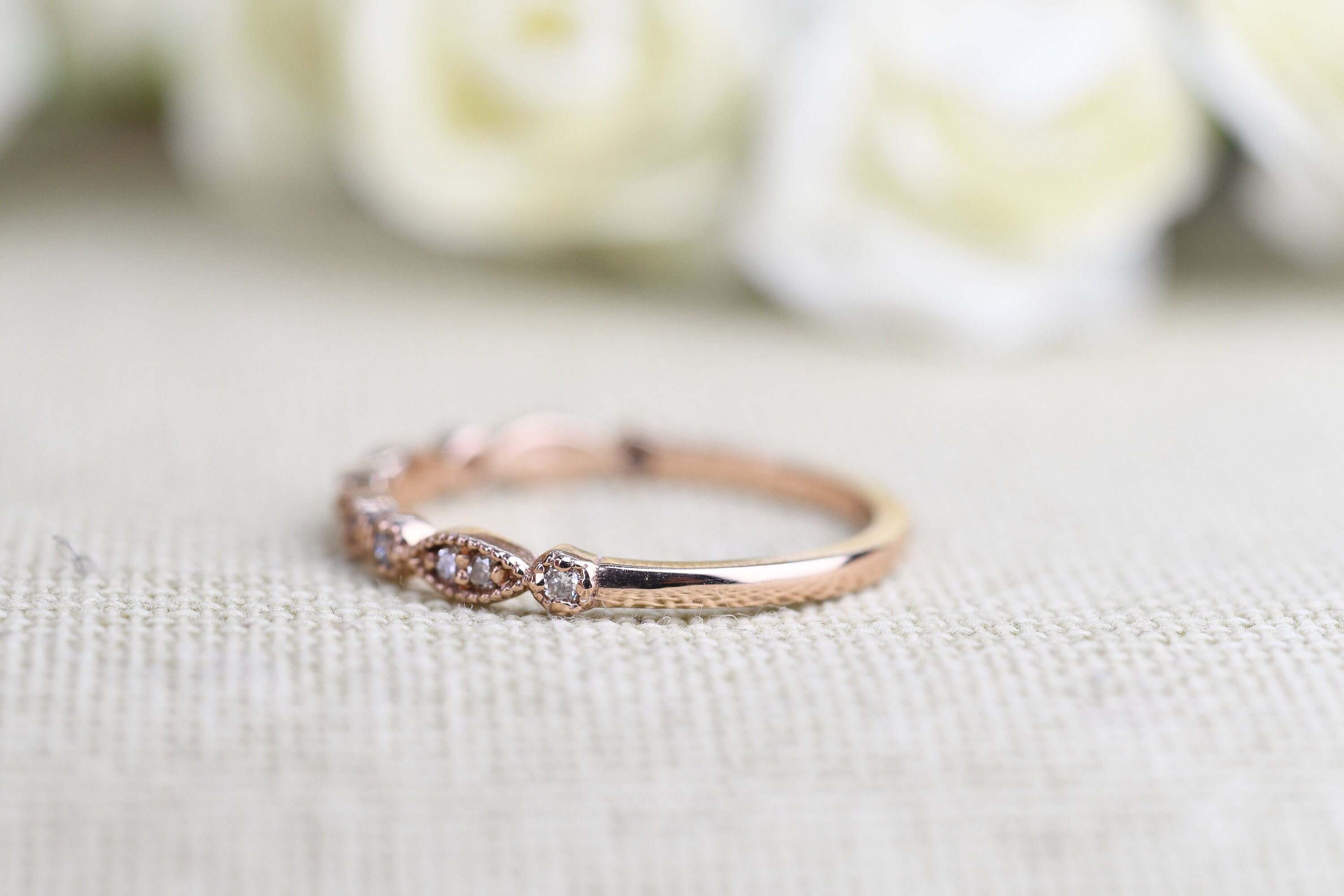 Art Deco Diamond Wedding Band, 14k Rose Gold Milgrain Ring, Handmade - Etsy