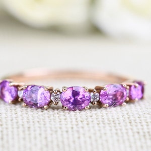 Oval Pink Sapphire White Diamond Wedding Band Rose gold Ring