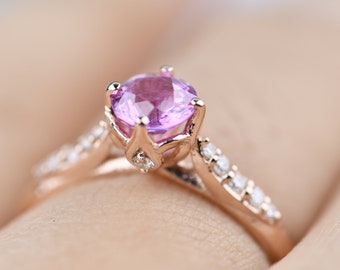 Pink Sapphire Vintage Engagement Ring White Diamond Solid 14k Rose Gold Ring