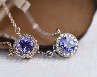 White Diamond Halo Round Tanzanite , 14k Solid Gold Necklace