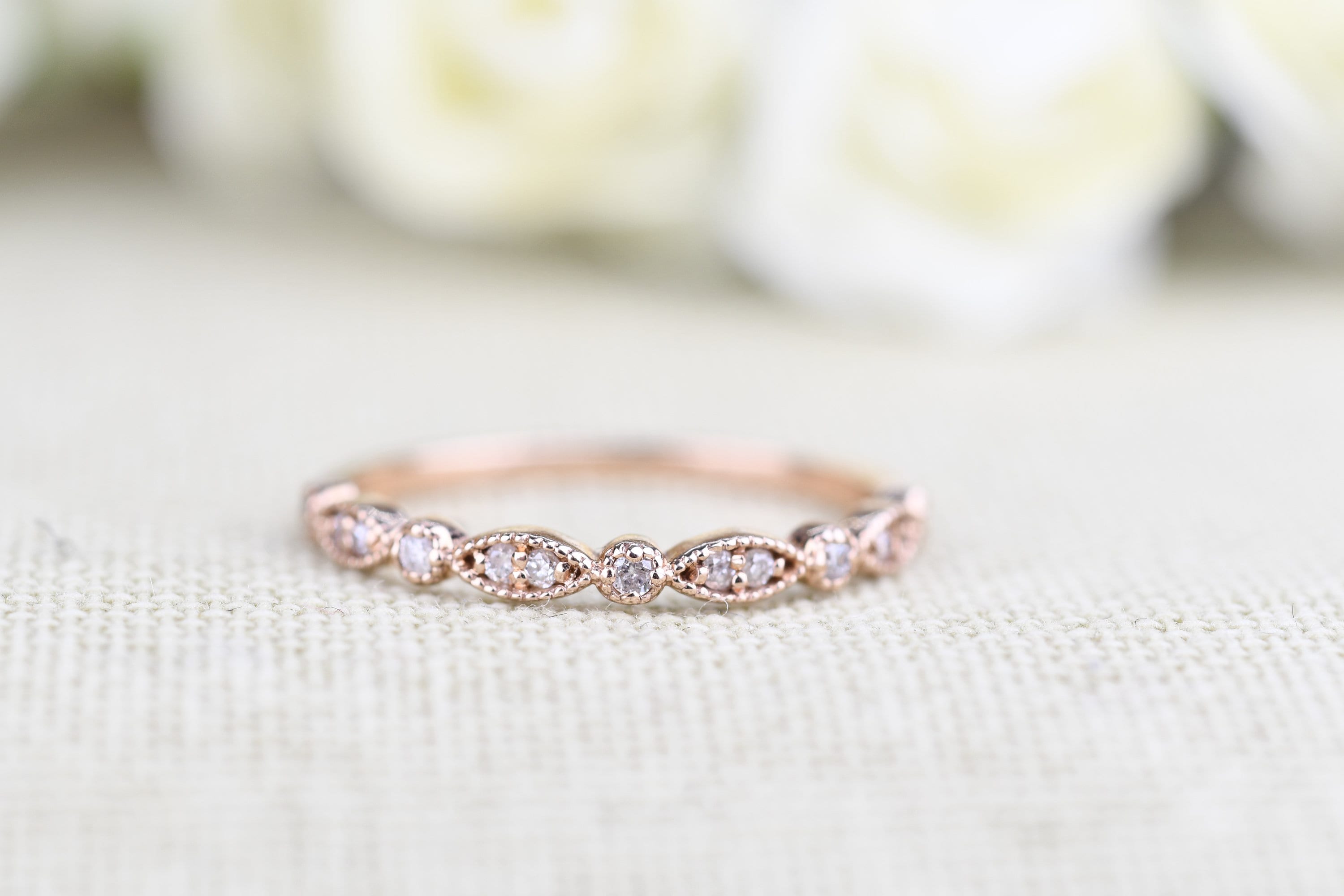 Art Deco Diamond Wedding Band, 14k Rose Gold Milgrain Ring, Handmade - Etsy