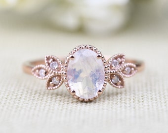 Rainbow moon stone  Ring, Vintage Leaf Design Engagement Ring, white diamond solid rose gold ring