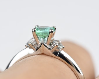 Art Deco Natural Emerald Engagement Ring White Diamond 14k Solid White Gold Ring