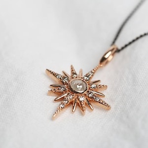 Antique Loose Diamond Starlight Pendant, Solid 14k Rose Gold Pendant with Antique gold Chain