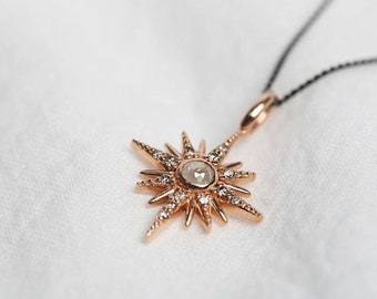 Antique Loose Diamond Starlight Pendant, Solid 14k Rose Gold Pendant with Antique gold Chain