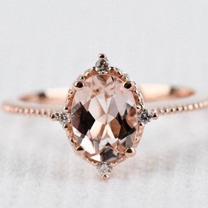 Vintage Pink Morganite engagement ring  1.2ct oval morganite & white diamond Solid rose gold  ring