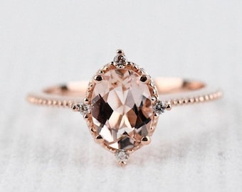 Vintage Pink Morganite engagement ring  1.2ct oval morganite & white diamond Solid rose gold  ring