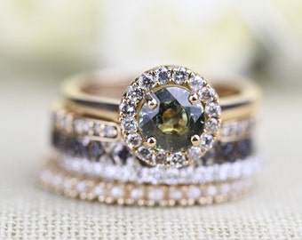 6mm Round  Olive Green Sapphire Vintage Engagement Ring White Diamond  Halo solid 14k Yellow Gold ring