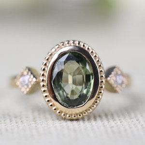 Art Deco  Green Sapphire  Engagement Ring, 14k Solid Yellow Gold White Diamond Ring