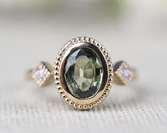 Art Deco  Green Sapphire  Engagement Ring, 14k Solid Yellow Gold White Diamond Ring