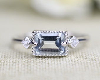 Art Deco, emerald cut Aquamarine  Engagement ting, solid rose gold white diamond vintage ring