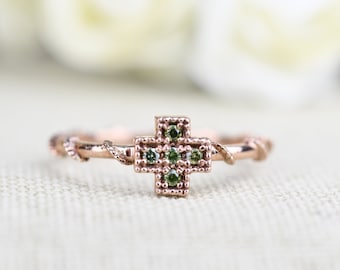 Green Cross Rosary Ring, Solid  14k  Rose Gold Rope Ring