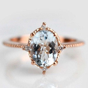 Aquamarine Vintage Engagement ring  1.3 CT Oval  Aquamarine, White Diamond Solid Gold Ring