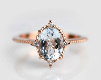 Vintage Oval Aquamarine Engagement Ring, Diamond Accent, Solid Gold