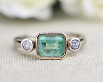 Art Deco Bezel Set Emerald Engagement Ring White Diamond 14k Solid Yellow and White Gold Ring