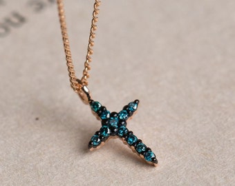 Art Deco Blue Diamond Cross Pendant Solid Rose Gold Daily Necklace