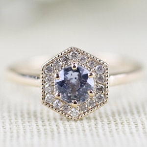 Pale Mint Blue Sapphire Engagement Ring, 14k Yellow Gold White Diamond Hexagon Ring